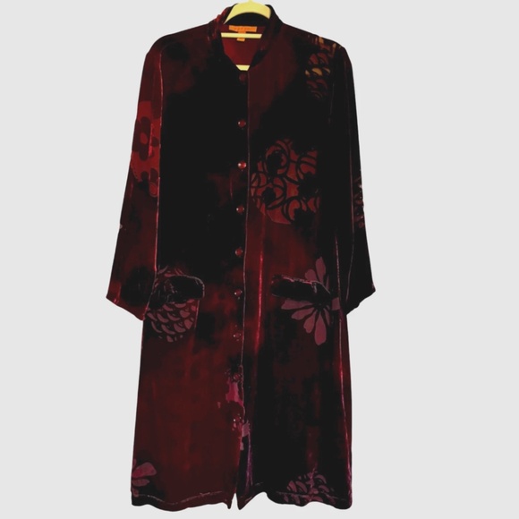 Harari Burnout Velvet Floral Duster Jacket Coat Burgundy Size Medium Witchy - Picture 1 of 10